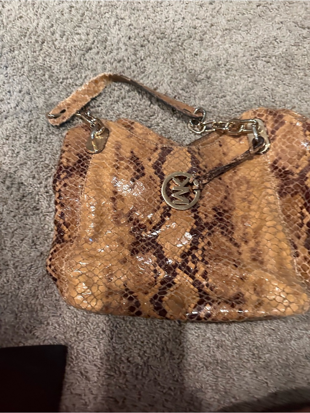 Michael Kors Tan and Brown Snake-Print Shoulder Bag with Gold Hardware